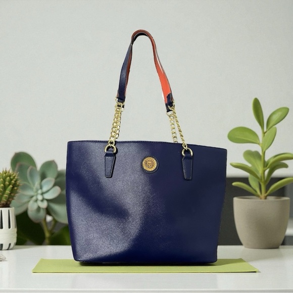 Anne Klein Handbags - Anne Klein dark blue faux leather tote bag purse with a gold chain strap detail